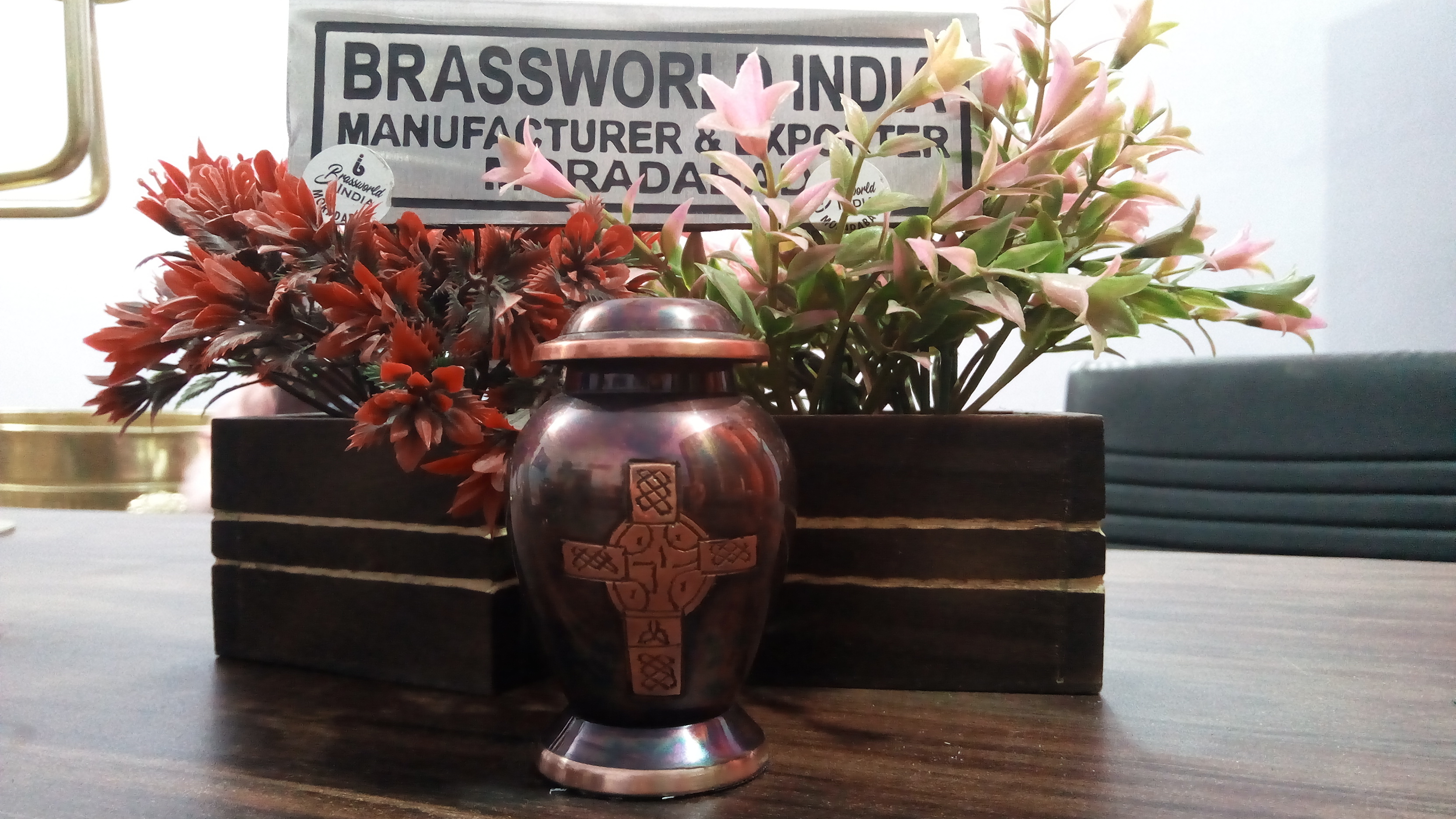 Brass Red With Cross Engraved Keepsake Urn Funeral Supplies