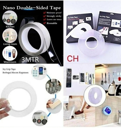 Double Sided Nano Silicone Tape 3 Meter - Silicone Material, 1 mm Thickness | Strong Viscosity, Washable & Reusable, Multi-Function for Various Surfaces