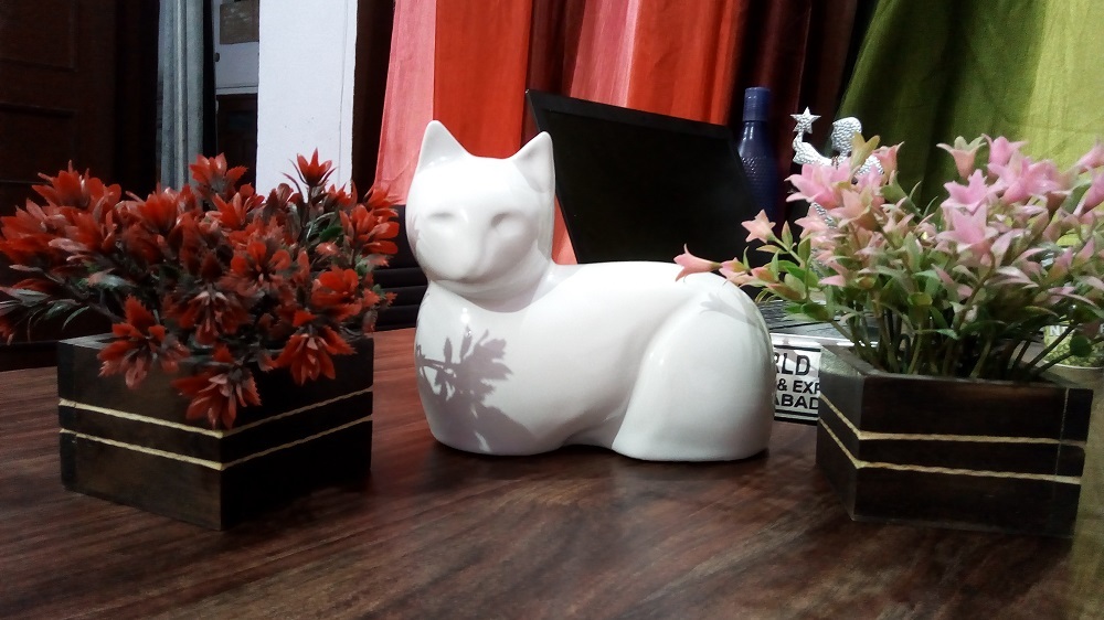 Brass White Sitting Cat Crremation Urn Funeral Supplies