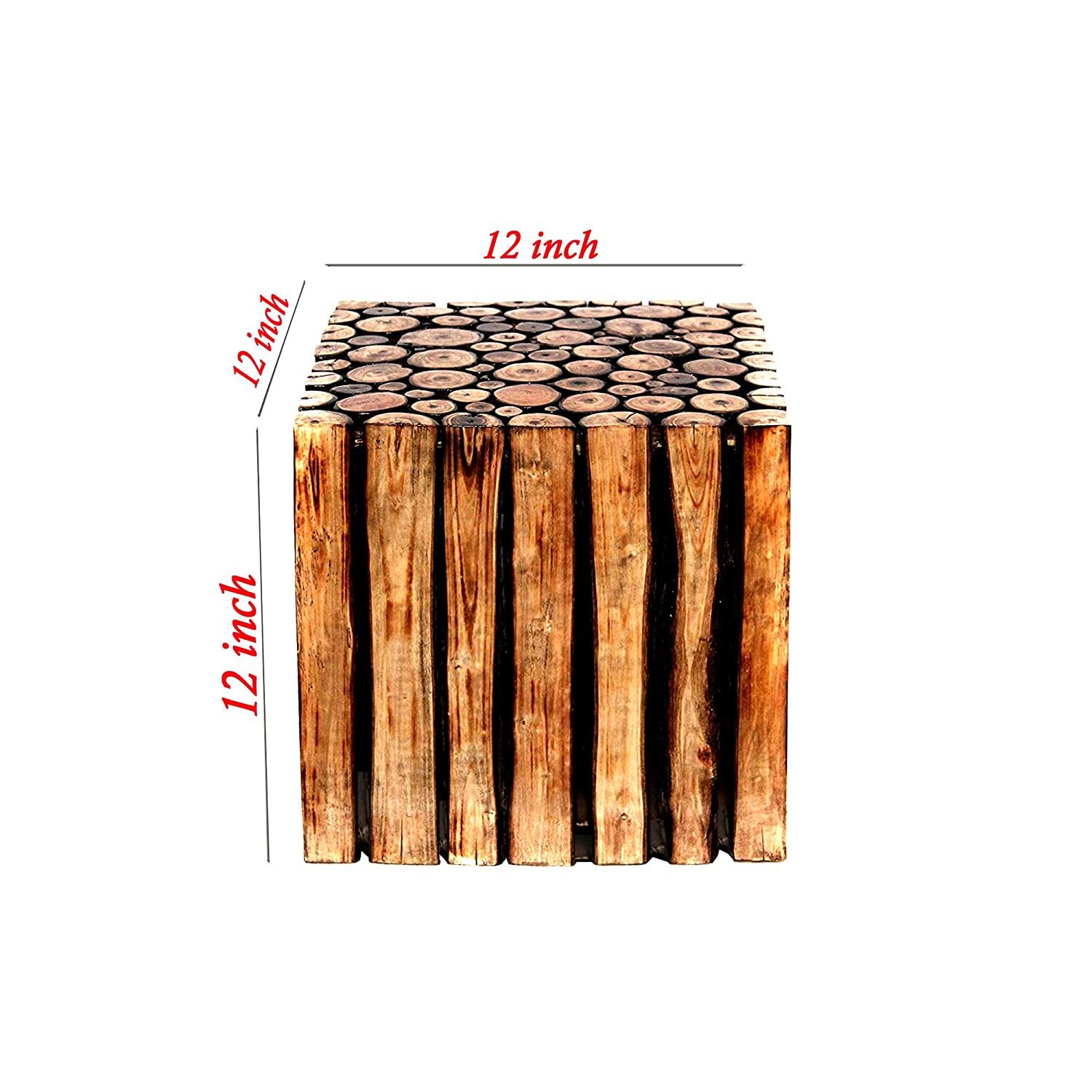 Wooden Stool - Pine Material, 12x12x12 Inches, Brown | Handmade Antique Finish, Easy To Clean