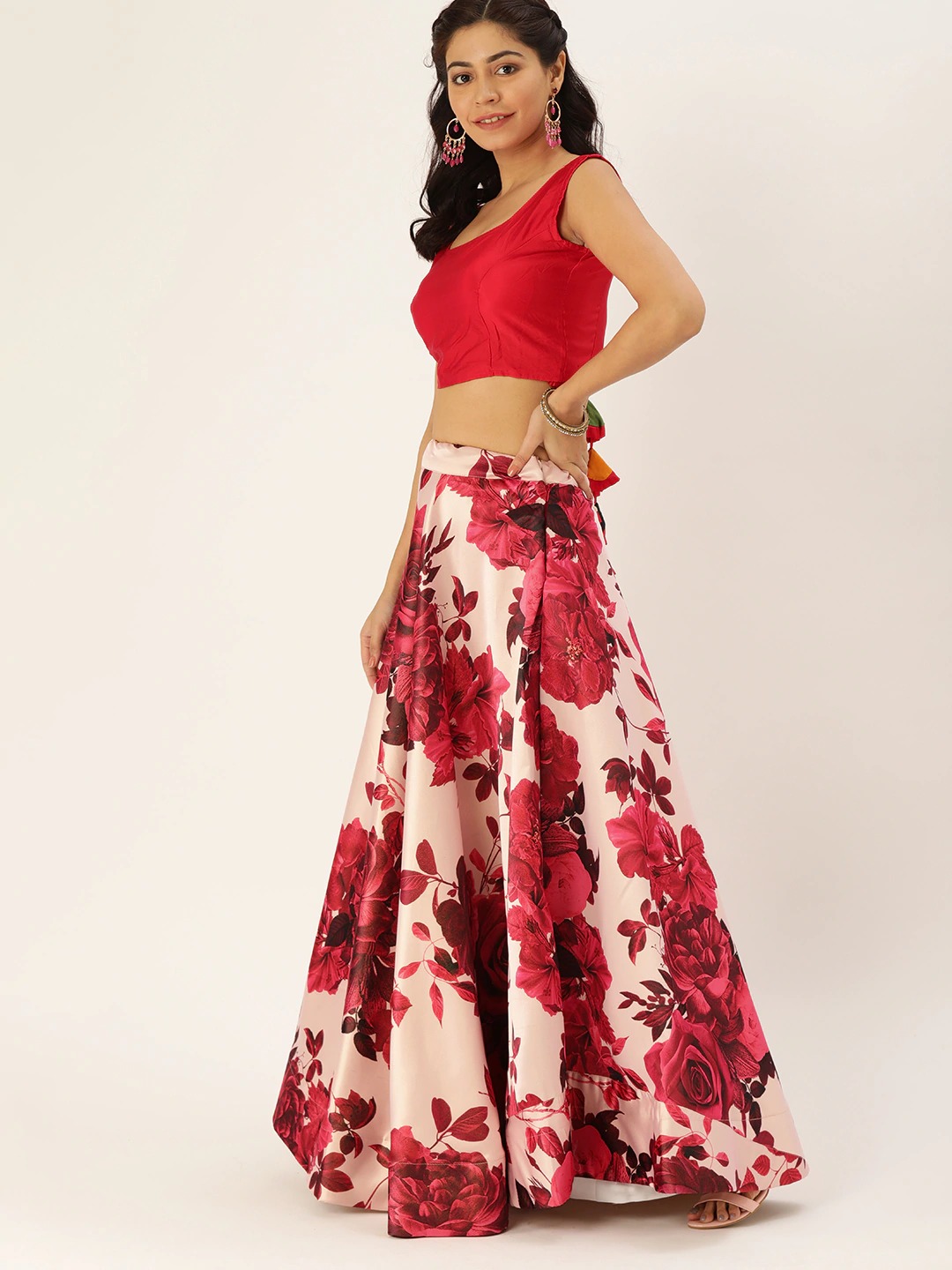 Red Zari Satin Silk Rose Printed Lehenga Choli