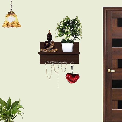 Wooden Wall Mounted Key Holder - 30.5 x 14 x 17.8 cm, Brown Matte Finish with 5 Metal Hooks for Home and Office Decor