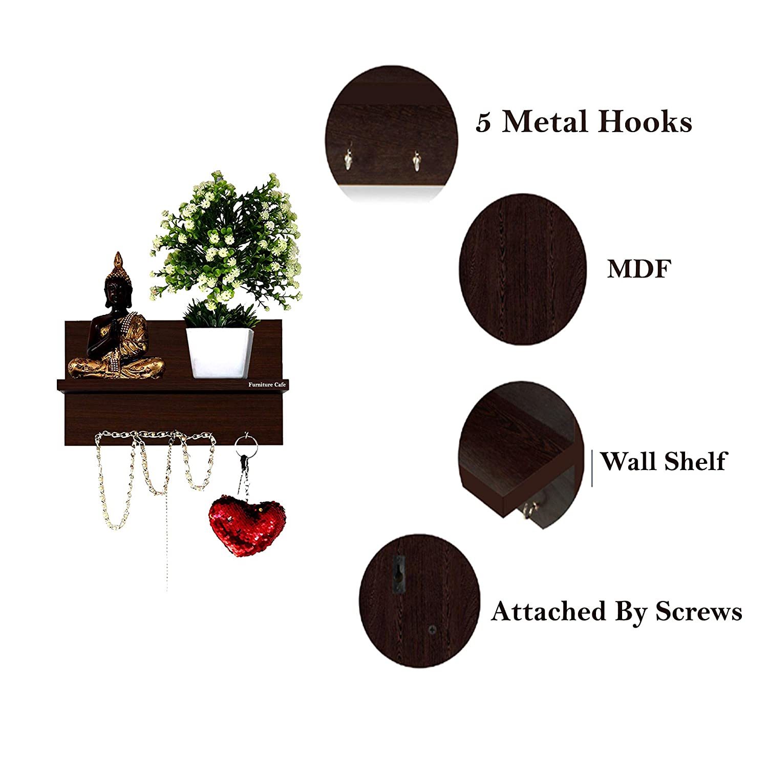 Wooden Wall Mounted Key Holder - 30.5 X 14 X 17.8 Cm, Brown Matte Finish With 5 Metal Hooks For Home And Office Decor