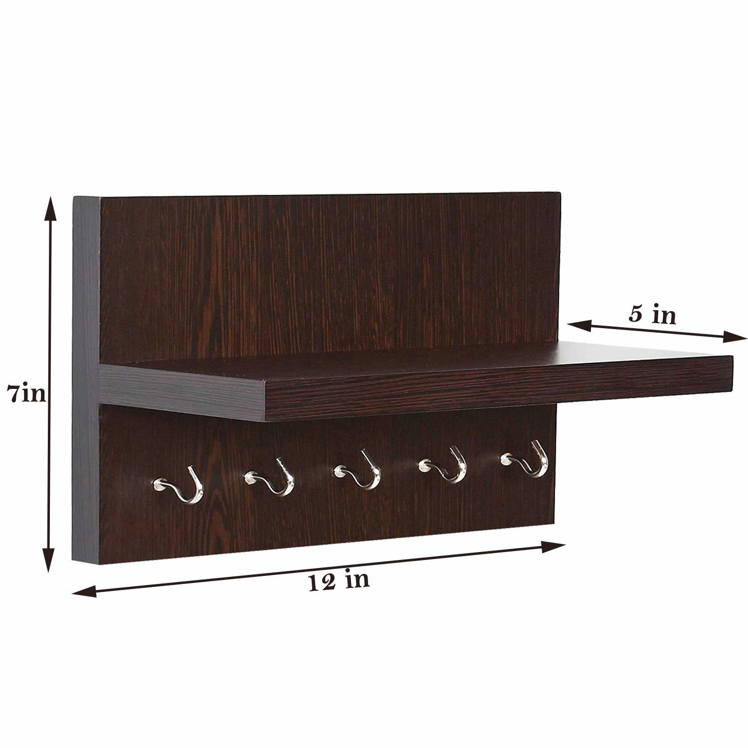 Wooden Wall Mounted Key Holder - 30.5 X 14 X 17.8 Cm, Brown Matte Finish With 5 Metal Hooks For Home And Office Decor