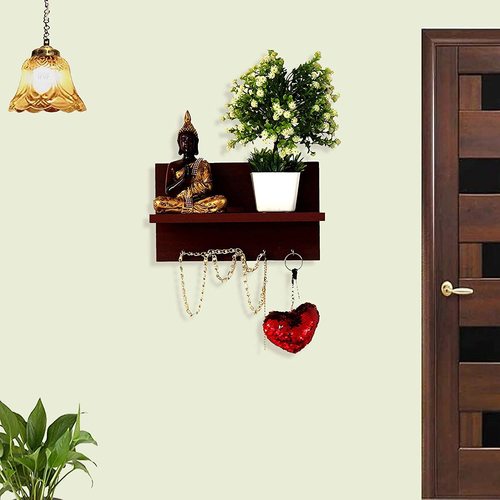 Stylish Wooden Key Holder - Engineered Wood, 30.5 x 14 x 17.8 cm, Mahogany Matte Finish | 5 Hooks, Modern Design, Decorative Wall Mount Rack