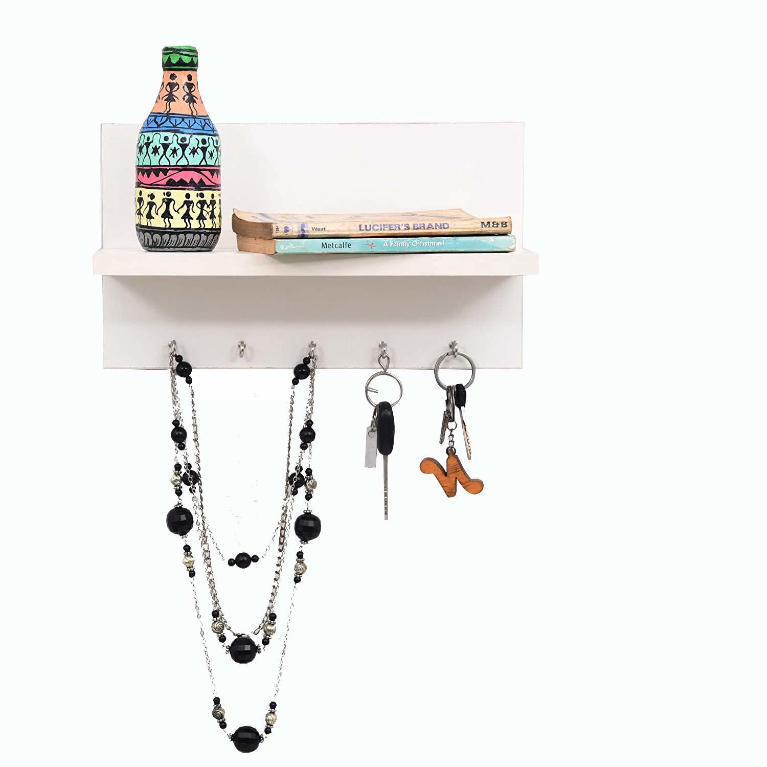 Stylish Wooden Key Holder - Engineered Wood, 30x12x17.5 Cm, Matte White Finish | Modern Decorative Design With Shelf And Wall Hooks For Home & Office