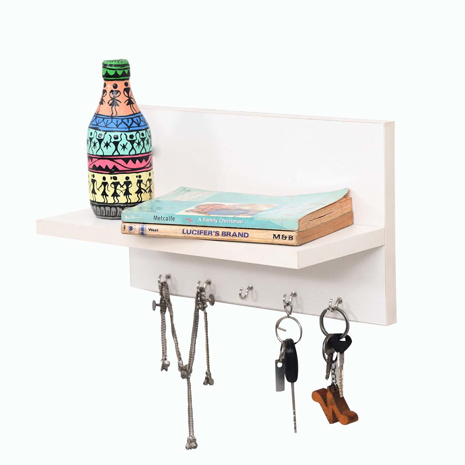 Stylish Wooden Key Holder - Engineered Wood, 30x12x17.5 Cm, Matte White Finish | Modern Decorative Design With Shelf And Wall Hooks For Home & Office