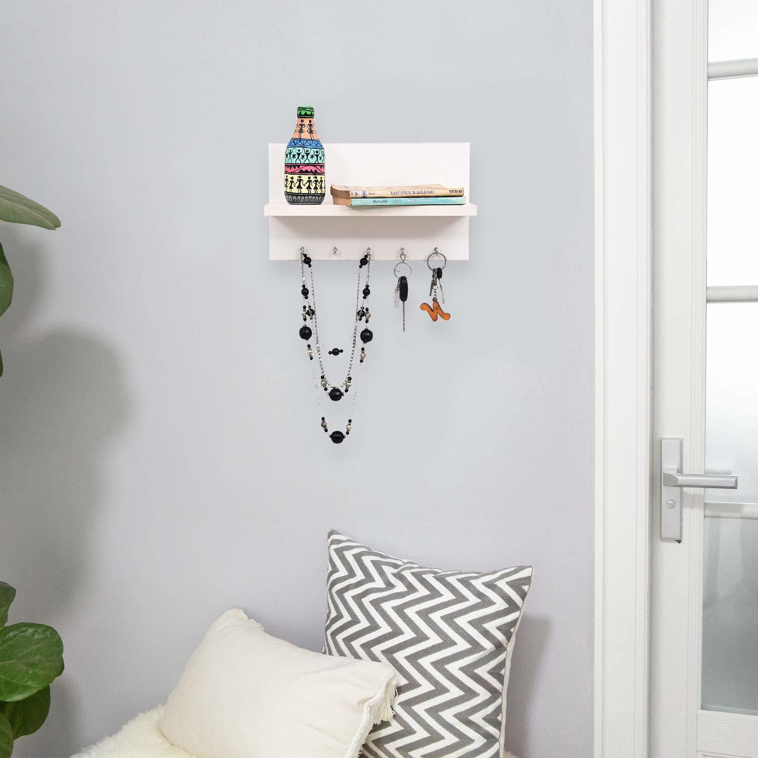 Stylish Wooden Key Holder - Engineered Wood, 30x12x17.5 Cm, Matte White Finish | Modern Decorative Design With Shelf And Wall Hooks For Home & Office