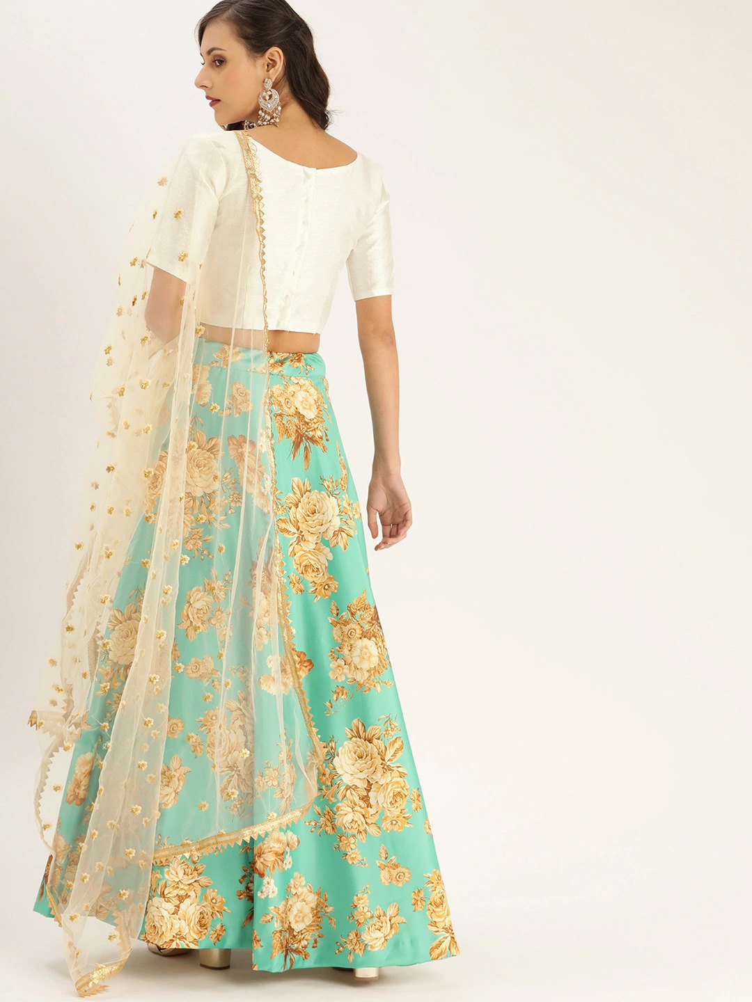 White Green Zari Satin Silk Traditional Lehenga Choli