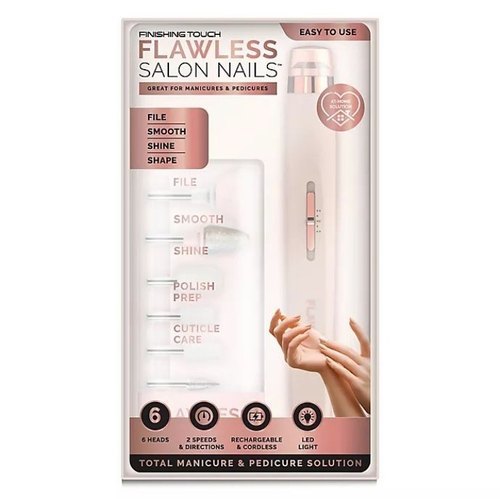 Flawless Salon Nails Rechargeable - Plastic, Length 39cm to 45cm , White Unit with 5 Precision Nail Heads for Household and Professional Use