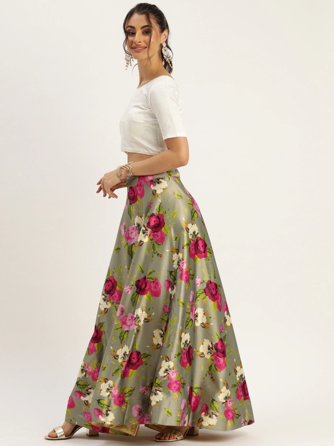 Zari Satin Lehenga Choli - Silk Blend With Banarasi Silk Dupatta | Trendy Printed Design, Washable For All Seasons, Short Sleeve Style, Available In White Red Color