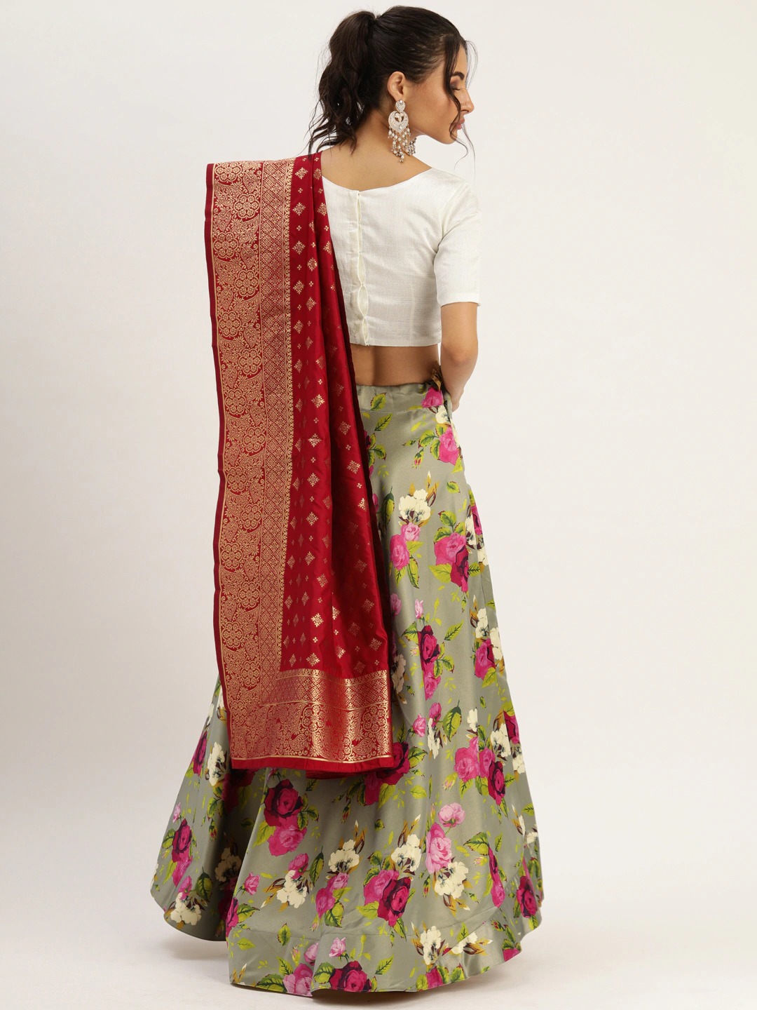 Zari Satin Lehenga Choli - Silk Blend With Banarasi Silk Dupatta | Trendy Printed Design, Washable For All Seasons, Short Sleeve Style, Available In White Red Color