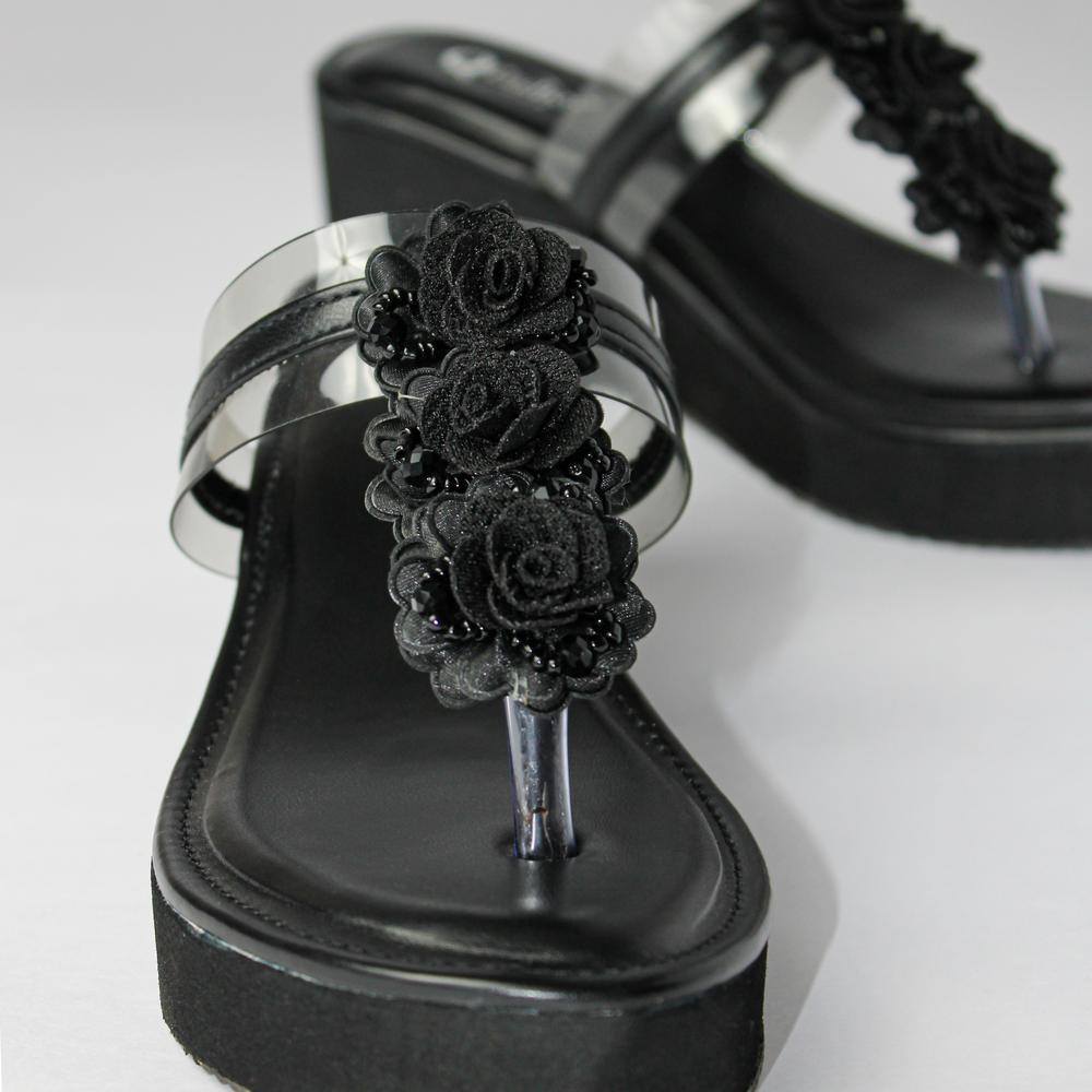 Ladies Fancy Wedge Sandals - Durable Soft Leather, Size 37 To 42, Black Color | Stylish Slip-on Design, Comfortable Shockproof Sole