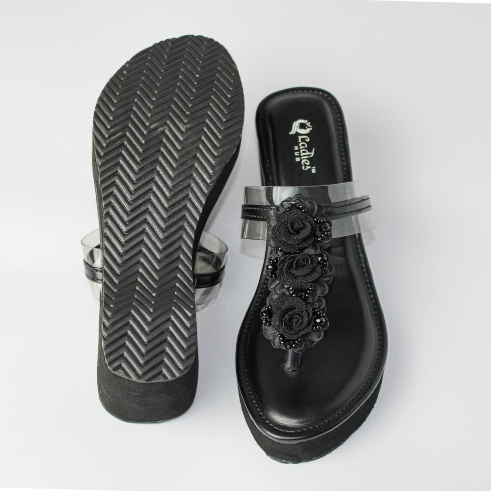 Ladies Fancy Wedge Sandals - Durable Soft Leather, Size 37 To 42, Black Color | Stylish Slip-on Design, Comfortable Shockproof Sole