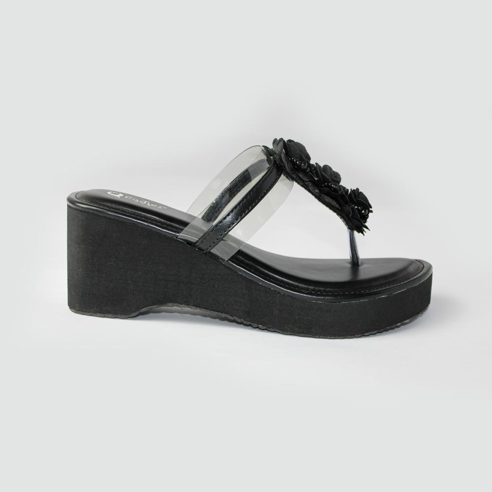 Ladies Fancy Wedge Sandals - Durable Soft Leather, Size 37 To 42, Black Color | Stylish Slip-on Design, Comfortable Shockproof Sole