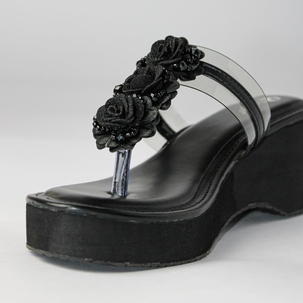 Ladies Fancy Wedge Sandals - Durable Soft Leather, Size 37 To 42, Black Color | Stylish Slip-on Design, Comfortable Shockproof Sole