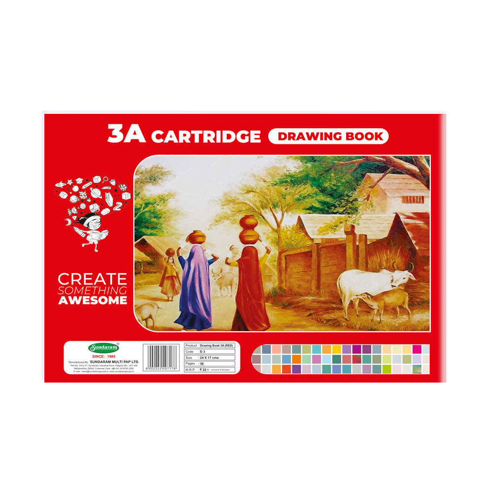 Sundaram Drawing Book - 100 Gsm Thick Paper, 24x17 Cm Size, Red Color | 36 Pages, Durable Center Staple Binding, Soft Cover