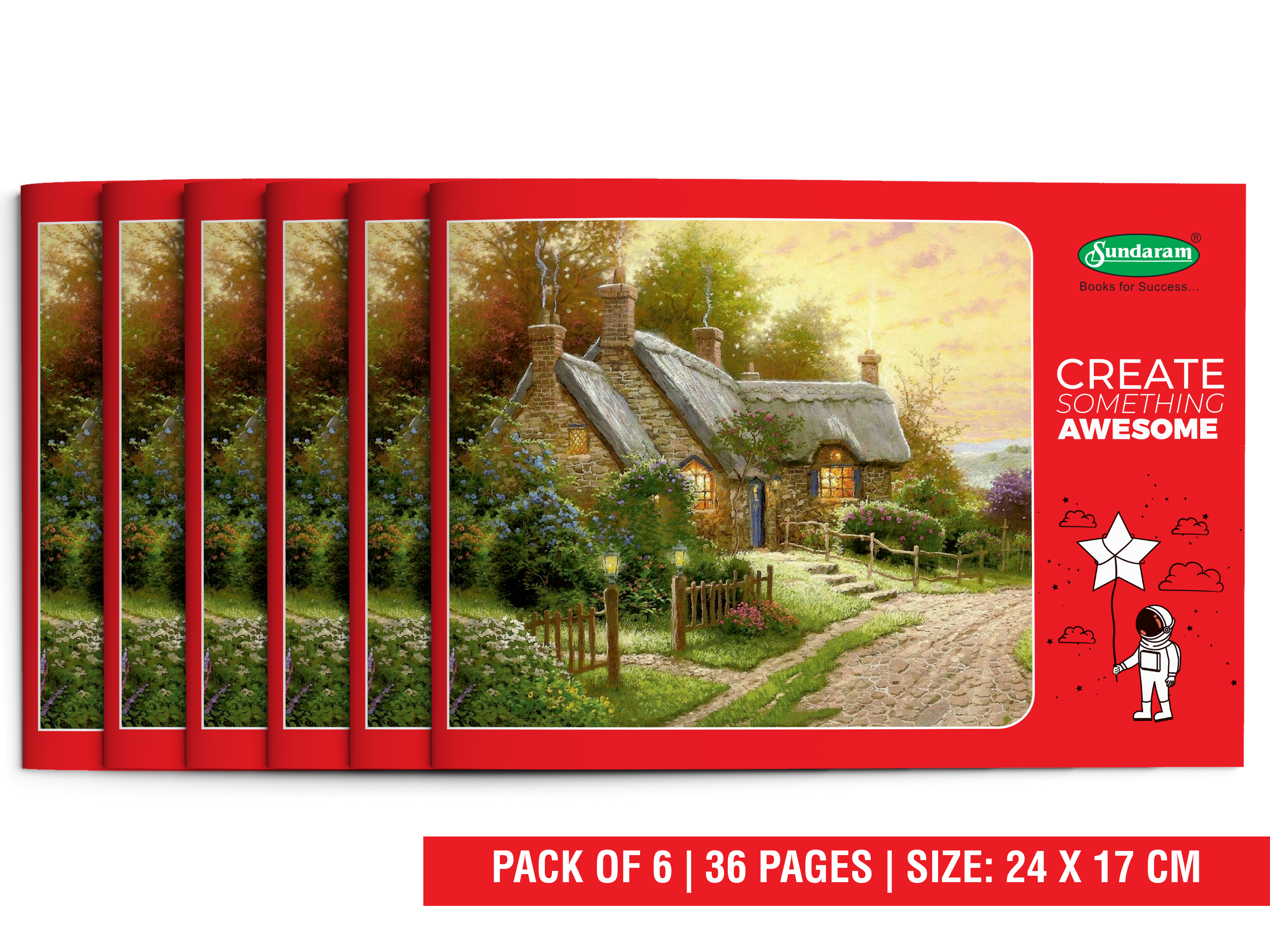 Sundaram Drawing Book - 100 Gsm Thick Paper, 24x17 Cm Size, Red Color | 36 Pages, Durable Center Staple Binding, Soft Cover
