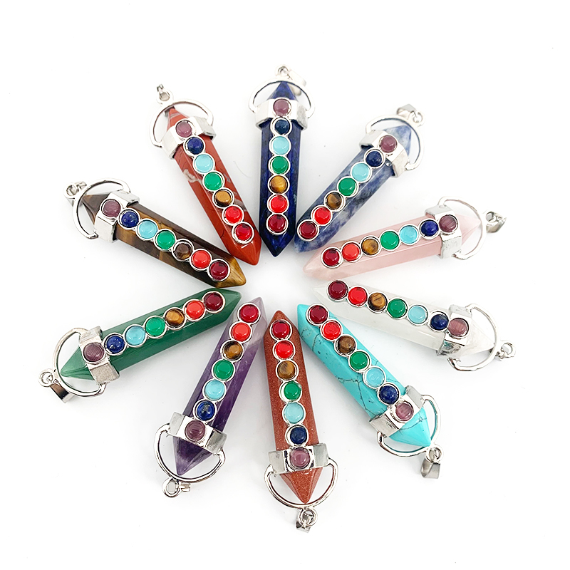 7 Chakra Pendant - Natural Quartz Stone, 30 Mm Drop Shape | Antique Silver Plated, Micro Insert Inlay, Nickle Free, Yoga Gift