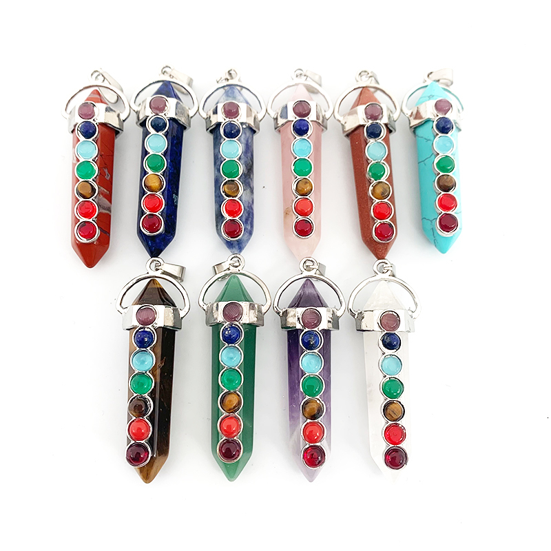 7 Chakra Pendant - Natural Quartz Stone, 30 Mm Drop Shape | Antique Silver Plated, Micro Insert Inlay, Nickle Free, Yoga Gift