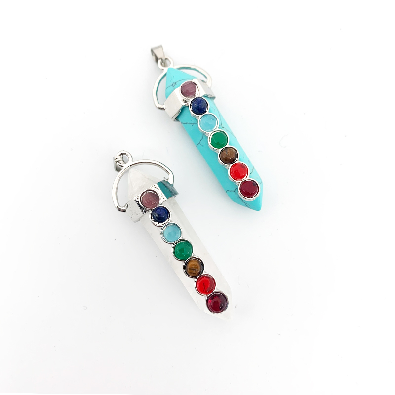 7 Chakra Pendant - Natural Quartz Stone, 30 Mm Drop Shape | Antique Silver Plated, Micro Insert Inlay, Nickle Free, Yoga Gift