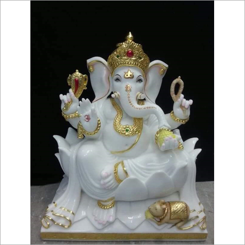White Marble God Ganesh Statue - 2 Feet, Gold Finishing | Handmade Indian Religious Theme