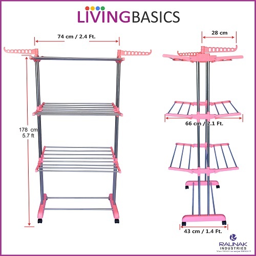 3 Layer Cloth Drying Stand - Stainless Steel & Abs, 54 Feet Drying Space, Watermelon Pink With 6 Foldable Wings & 4 Rolling Wheels