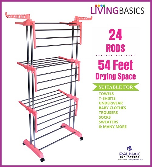 3 Layer Cloth Drying Stand - Stainless Steel & Abs, 54 Feet Drying Space, Watermelon Pink With 6 Foldable Wings & 4 Rolling Wheels