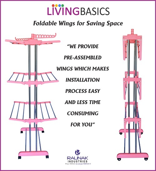 3 Layer Cloth Drying Stand - Stainless Steel & Abs, 54 Feet Drying Space, Watermelon Pink With 6 Foldable Wings & 4 Rolling Wheels