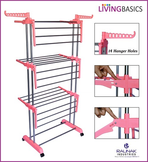 3 Layer Cloth Drying Stand - Stainless Steel & Abs, 54 Feet Drying Space, Watermelon Pink With 6 Foldable Wings & 4 Rolling Wheels