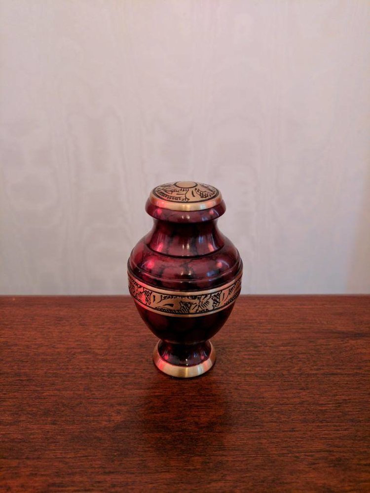 Brass Red With Golden Leraves Engraved Keepsake Cremation Urn