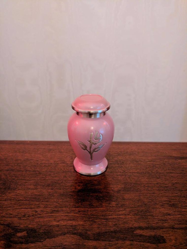 Brass Pink With Rose Engraved Burial Keepsake Cremation Urn Funeral Supplies