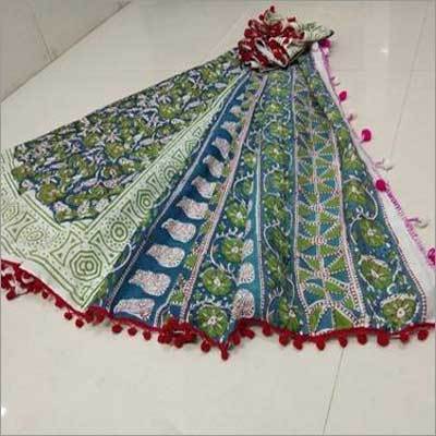 Ladies Hand Block Printed Cotton Saree With Pompom Lace