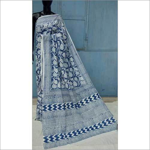 Ladies Blue and White Hand Block Printed Cotton Saree