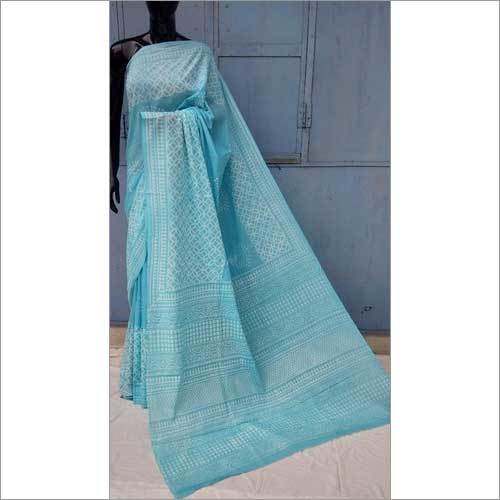 लेडीज़ स्काई ब्लू प्रिंटेड कॉटन साड़ी