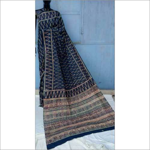 Ladies Hand Block Blue Printed Cotton Saree