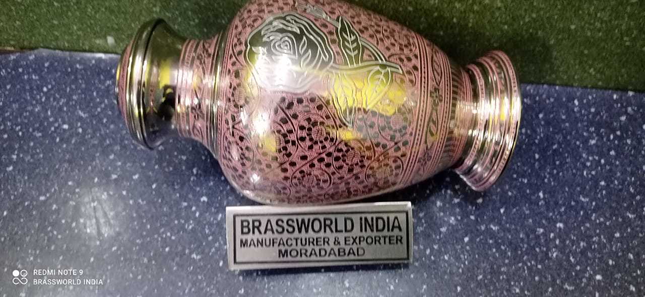 Brass Purple Cremation Urn With Flower Engraved Funeral Supplies