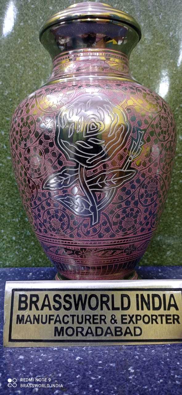 Brass Purple Cremation Urn With Flower Engraved Funeral Supplies
