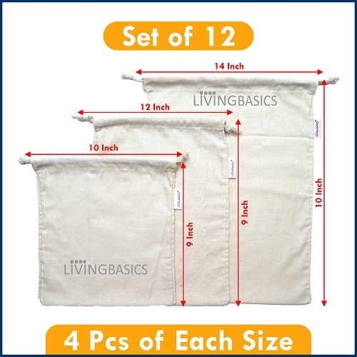 Organic Cotton Produce Bags - 12 Pack (4 Large, 4 Medium, 4 Small) | Durable, Machine Washable, Eco-friendly, Versatile Grocery Storage And Organization Solution
