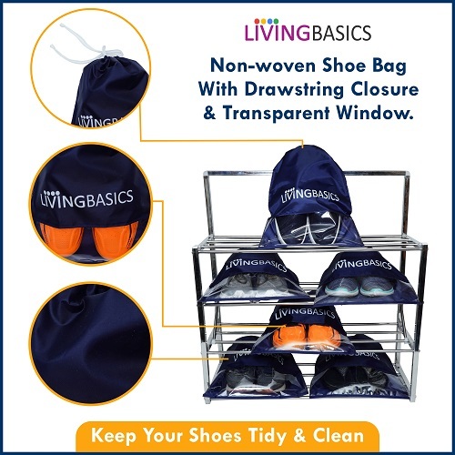 Shoe Cover Bags - Nylon Material Medium Size Navy Blue Color | Durable Travel And Daily Use Storage Bag With Transparent Window Panel & Strong Drawstring