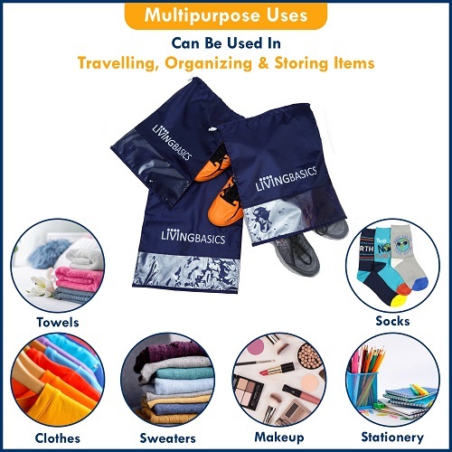 Shoe Cover Bags - Nylon Material Medium Size Navy Blue Color | Durable Travel And Daily Use Storage Bag With Transparent Window Panel & Strong Drawstring