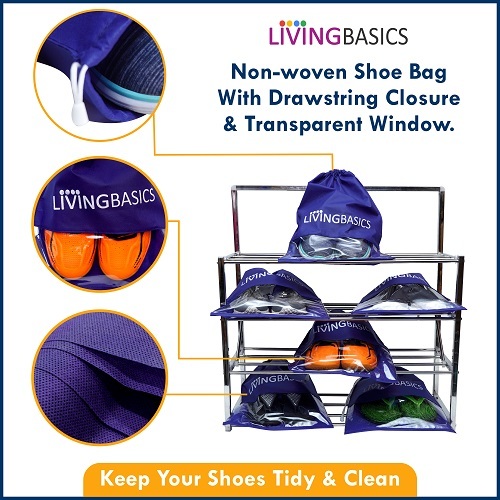 Shoe Cover Bags - Non-woven 16x12 Inches Navy Blue | Abrasion-resistant Transparent Window Strong Drawstring Multipurpose Storage For Travel