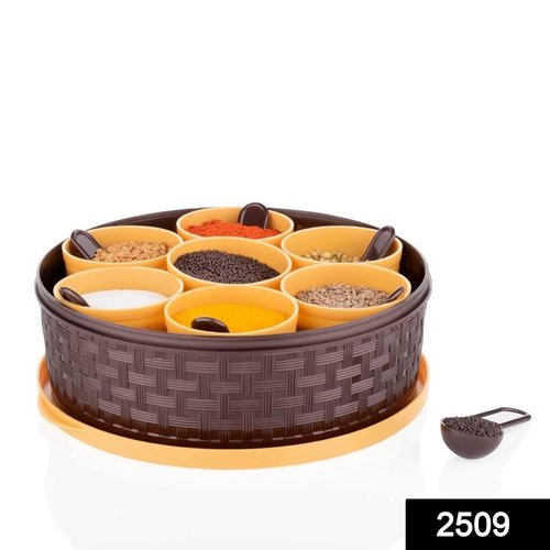 2509 Round Plastic Masala Spice Box - Green, Accommodates 7 Spices , Stylish Design for Clutter-Free Kitchen Organization