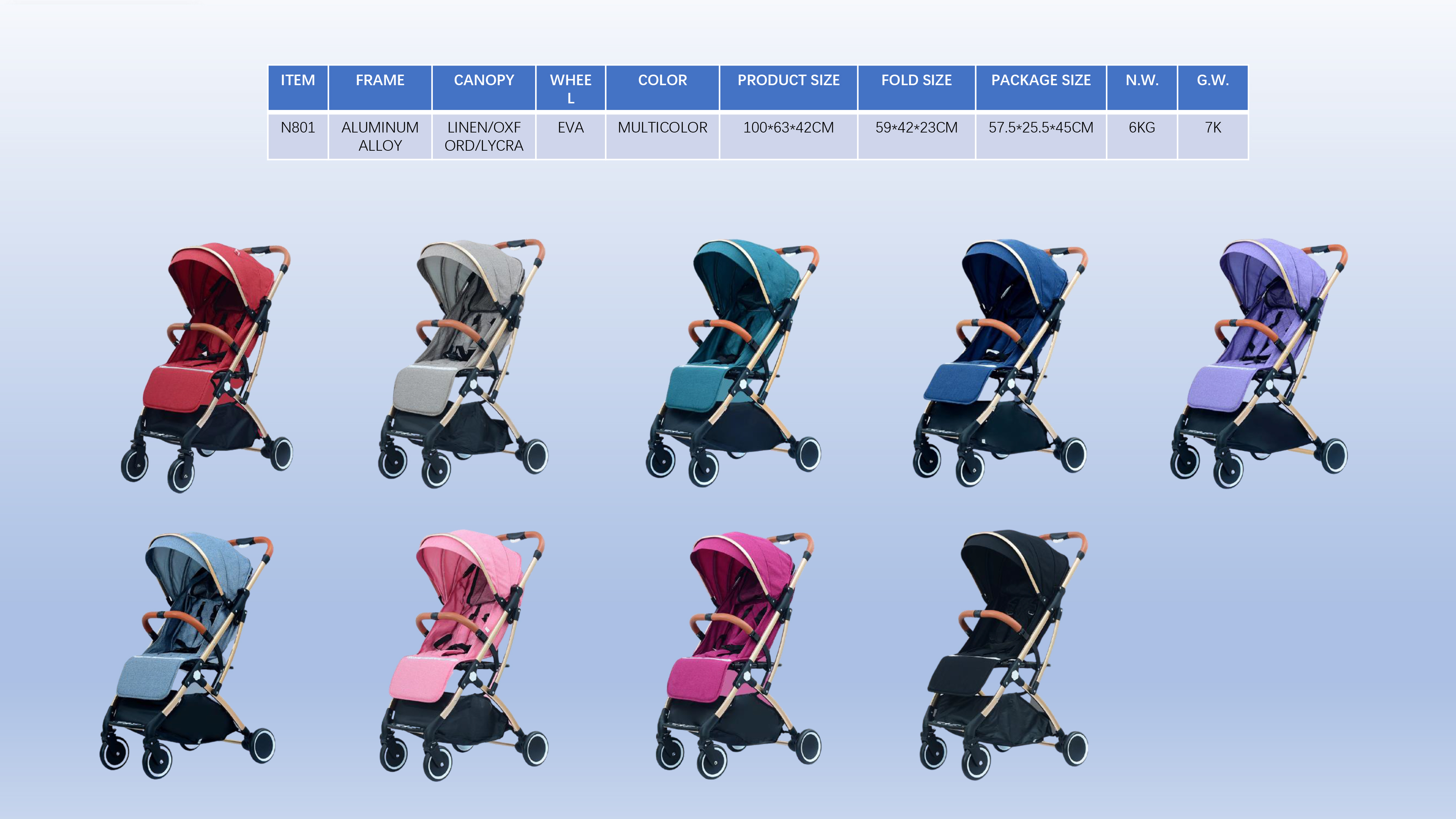 Baby Stroller N801 - Aluminum Alloy Frame, 100x63x42cm Size, Multicolor Canopy | Lightweight 6kg, Perfect For Kids Aged 3-6