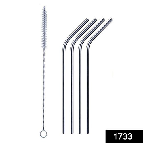 1733 Reusable Stainless Steel Drinking Straws Bent - Stainless Steel, Silver | 4 Bent Straws, 1 Cleaning Brush, Durable, Eco-Friendly Solution
