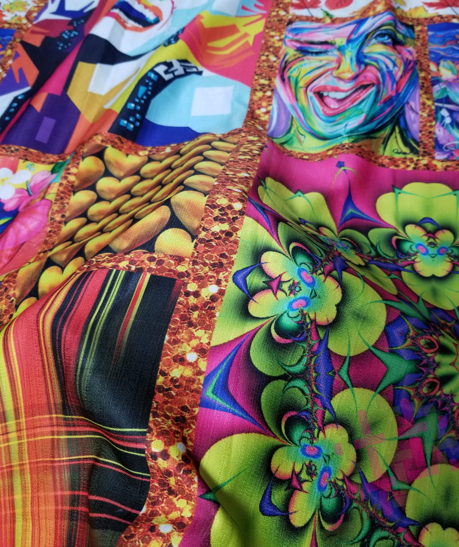Deearna Export's Fancy Multi-design Digital Print Khadi Rayon Unstitched Fabric - 58" Width, Multicolor (Gold, Green, Purple, Pink) For Diverse Garment Creation