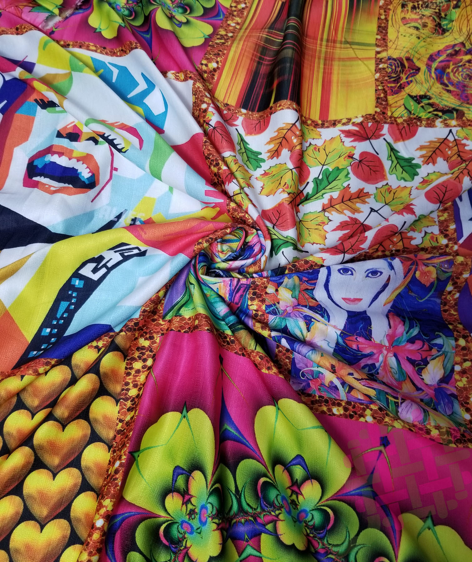 Deearna Export's Fancy Multi-design Digital Print Khadi Rayon Unstitched Fabric - 58" Width, Multicolor (Gold, Green, Purple, Pink) For Diverse Garment Creation