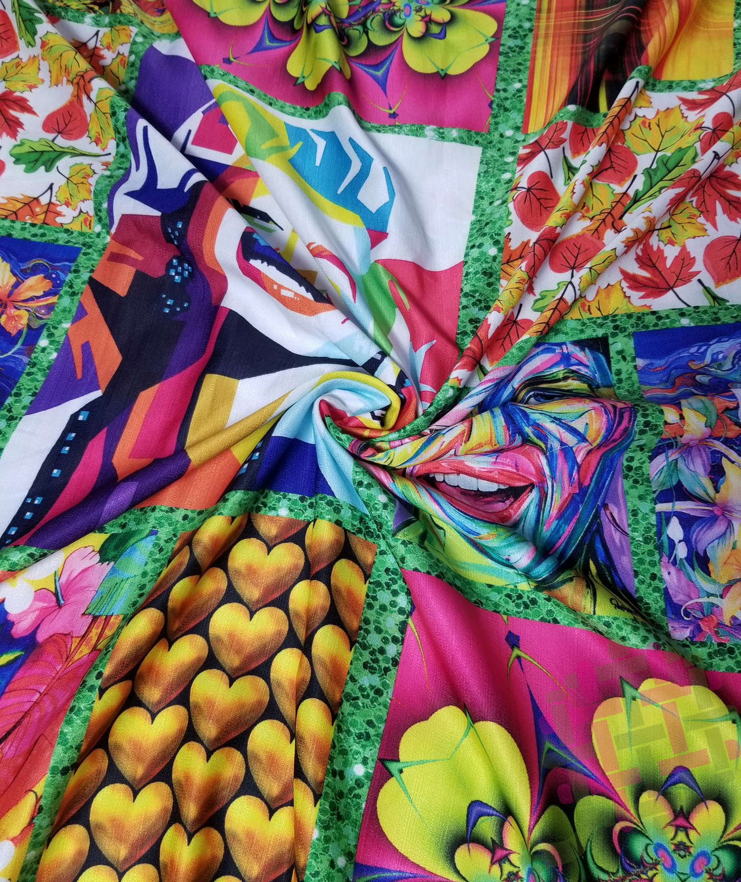 Khadi Rayon Digital Print Fabric - 58" Width, Multicolor Gold, Green, Purple, Pink | Ideal For Kurtis, Gowns, Dresses And More