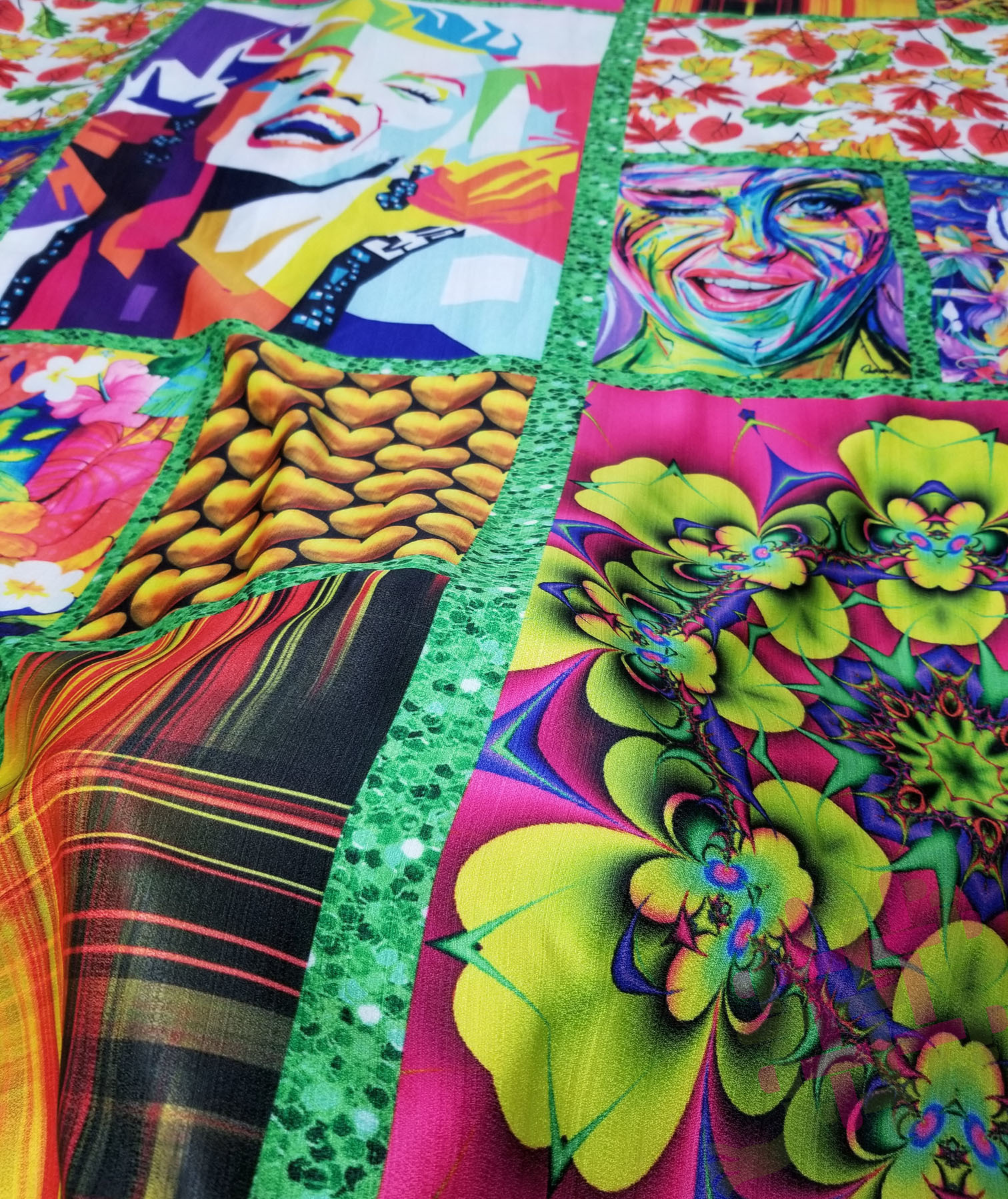 Khadi Rayon Digital Print Fabric - 58" Width, Multicolor Gold, Green, Purple, Pink | Ideal For Kurtis, Gowns, Dresses And More