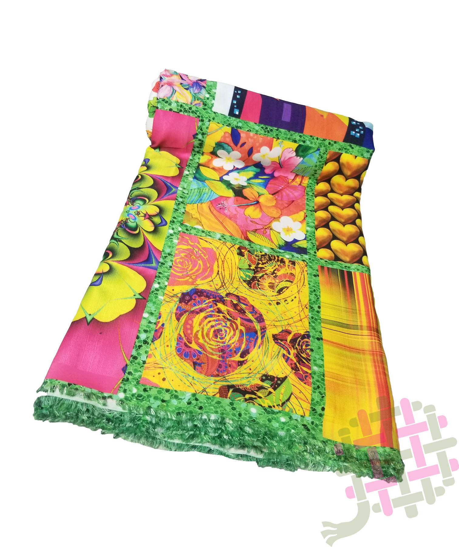 Khadi Rayon Digital Print Fabric - 58" Width, Multicolor Gold, Green, Purple, Pink | Ideal For Kurtis, Gowns, Dresses And More